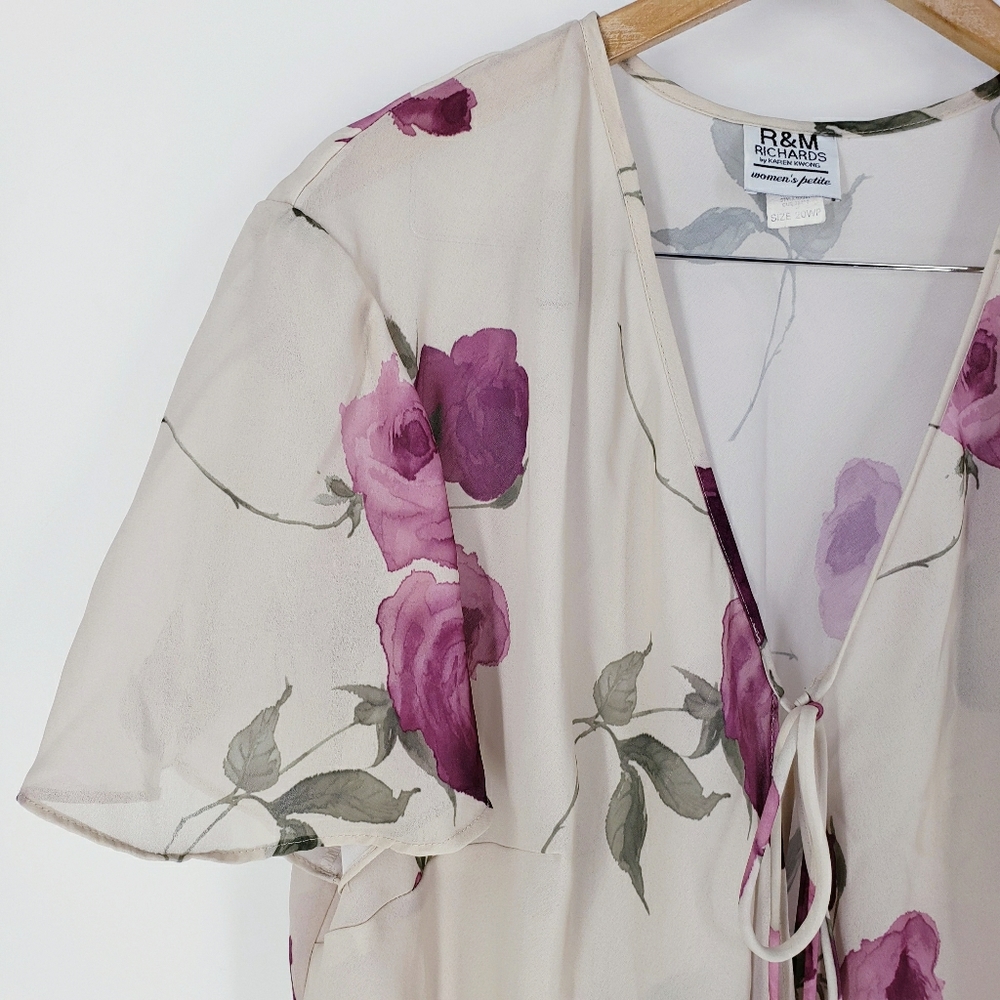 90s Vintage Floral Tie Front Flutter Sleeve Cardi Boho Cottage Floral Flowy 16P - Picture 2 of 7